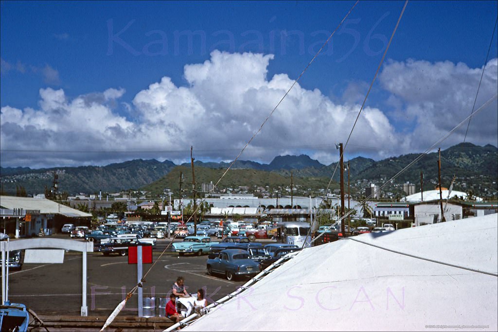 Looking mauka (inland) from a tourist boat docked at Kewalo Basin on Oahu’s south shore, 1964