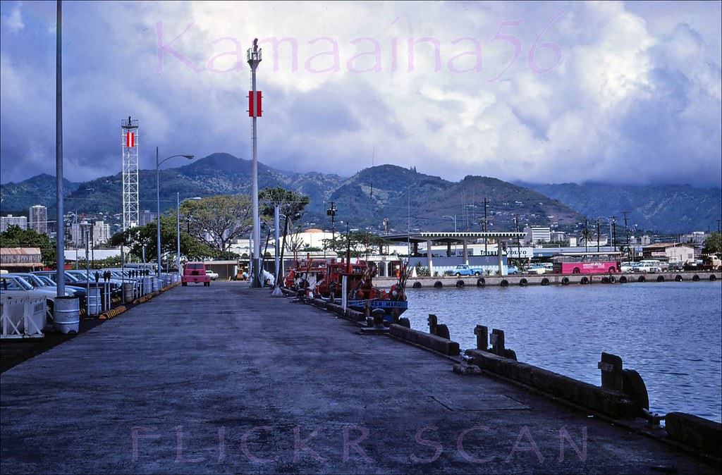 Kewalo Basin, Honolulu, in front of the old Fisherman’s Wharf Restaurant out of the frame to the left, 1968