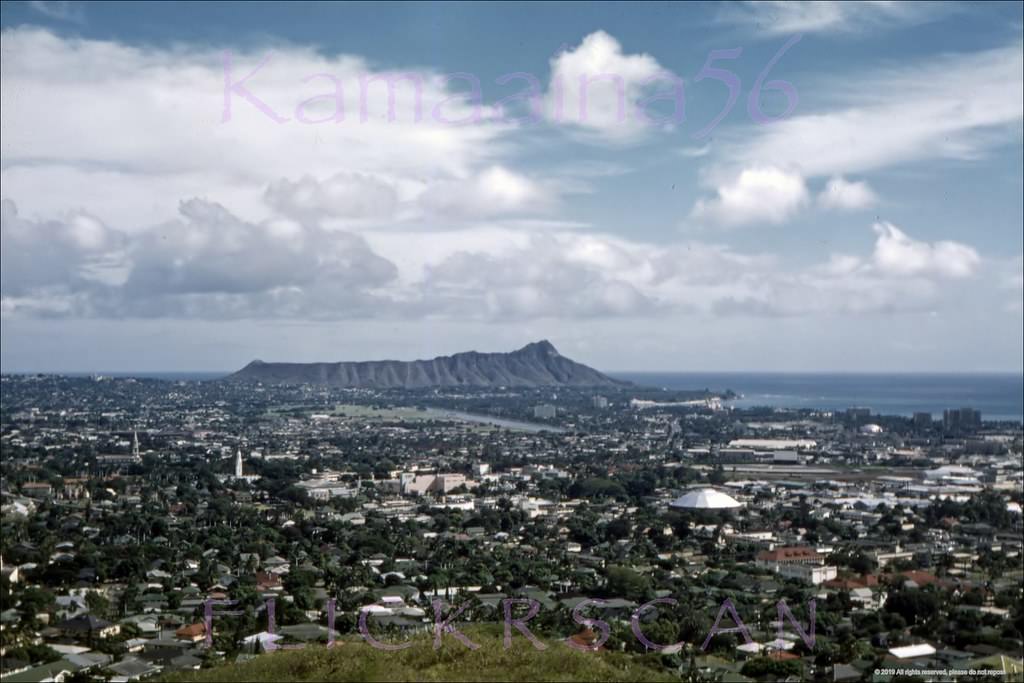 View from Punchbowl Crater looking out over Honolulu all the way to Diamond Head Crater in Waikiki, 1950s.