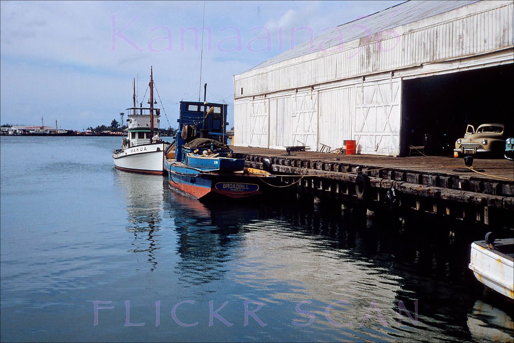 Fishing boats Makua and Broadbill moored at Honolulu Harbor with Sand Island in the background, 1951