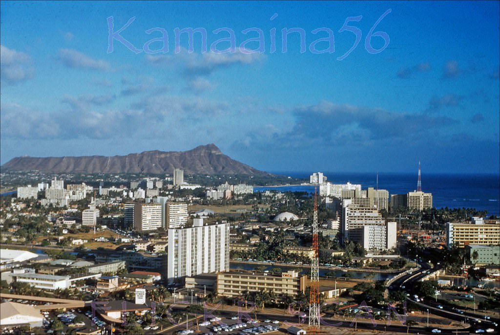 Slightly shifted birdseye view of Waikiki and Diamond Head apparently from the 23-story 1961 Ala Moana Towe, 1962