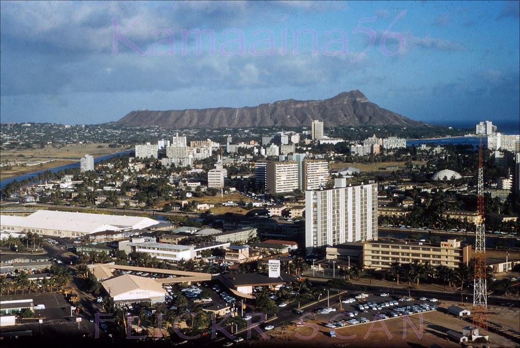 Birdseye view of the Ala Moana area of Honolulu and Waikiki looking Diamond Head from the LaRonde revolving restaurant atop the 23-story 1961 Ala Moana Tower, 1962