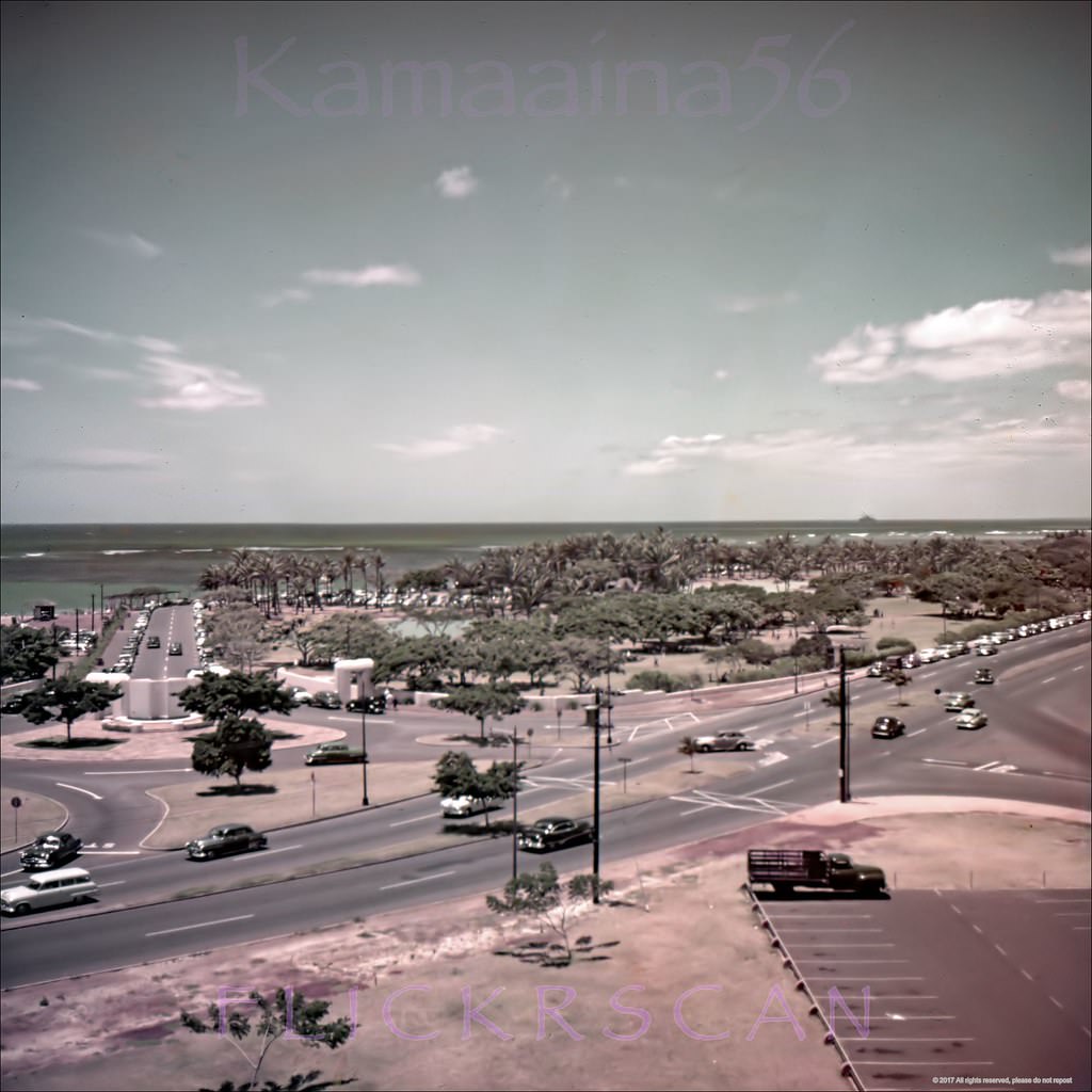 Nice birdseye view of the intersection of Ala Moana Blvd and Atkinson Drive on Oahu’s south shore, 1950s