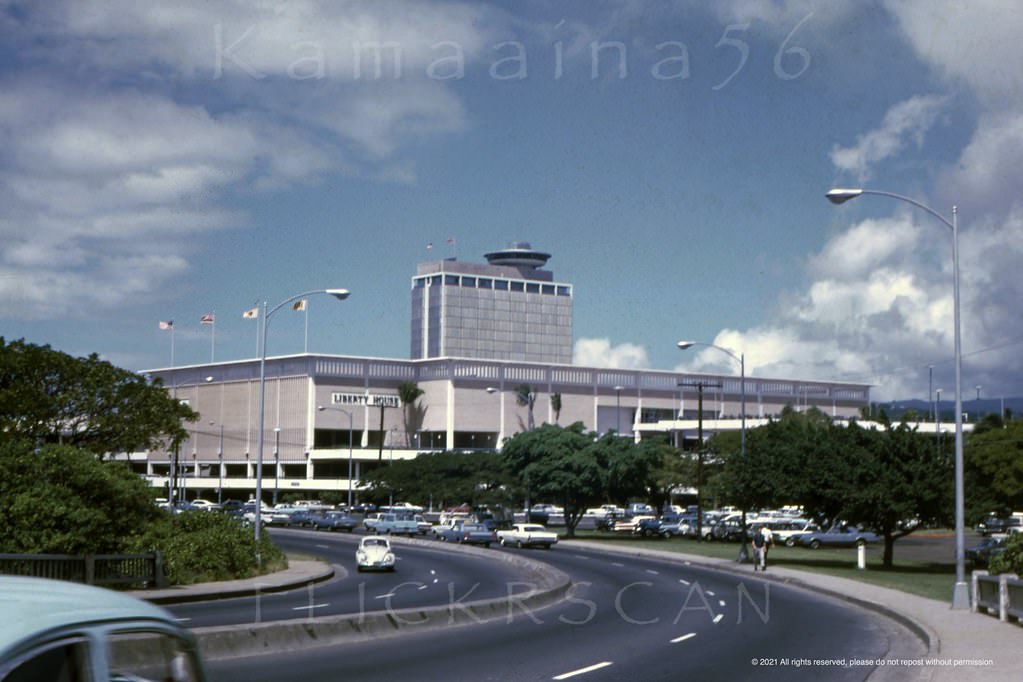 Ala Moana Shopping Center seen from Ala Moana Blvd just Ewa (west) of the Ala Wai Bridge, 1967