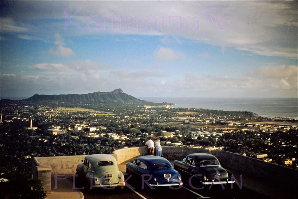 Late afternoon in old Honolulu seen from the lookout at Punchbowl Crater, 1952.