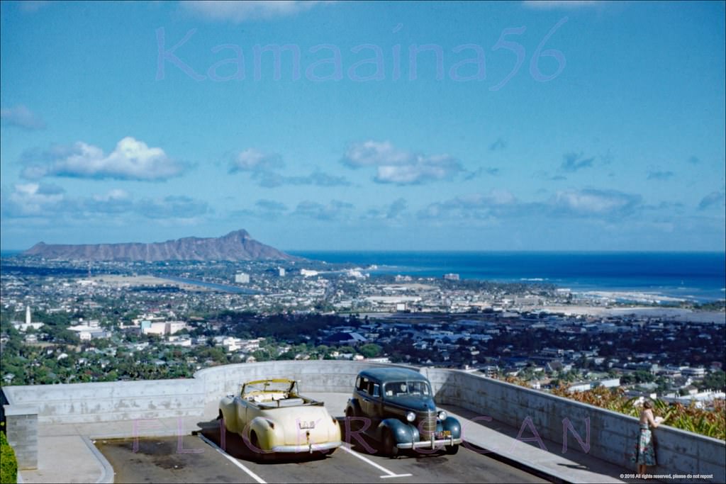 Spectacularly clear view all the way to Diamond Head from the Punchbowl Crater overlook above Honolulu, 1955.