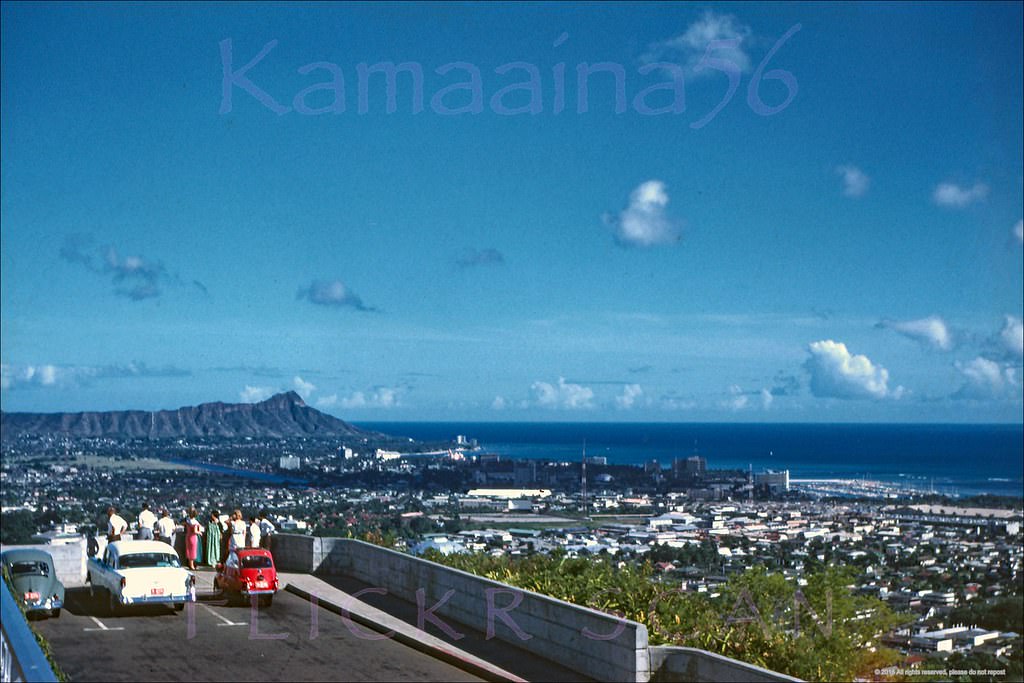 Birdseye view of Honolulu all the way to Waikiki and Diamond Head from the Punchbowl Crater lookout, 1959.