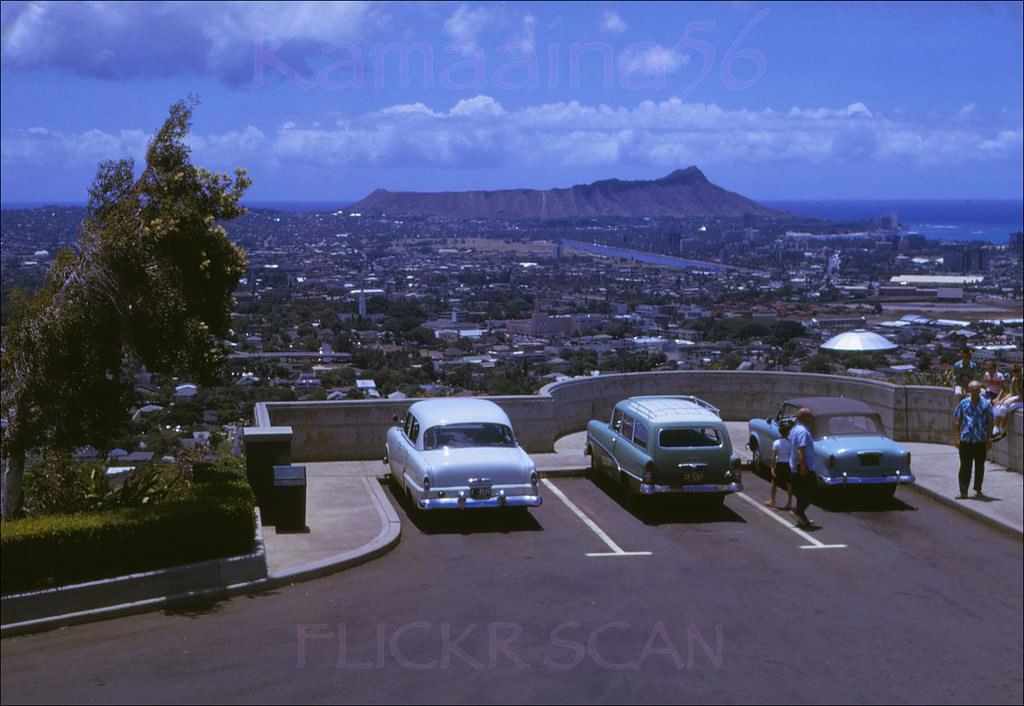 Looking east to Diamond Head over Honolulu. Vintage slide marked, 1961