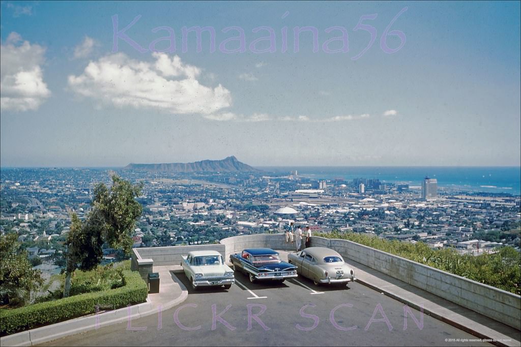 Looking Diamond Head over Honolulu from the old lookout at Punchbowl Crater, 1961.