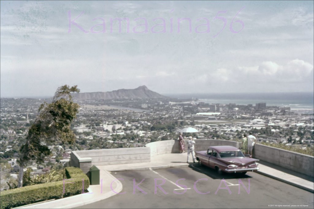 Panoramic Diamond Head view from the Punchbowl Crater lookout over Honolulu to Waikiki, 1959.