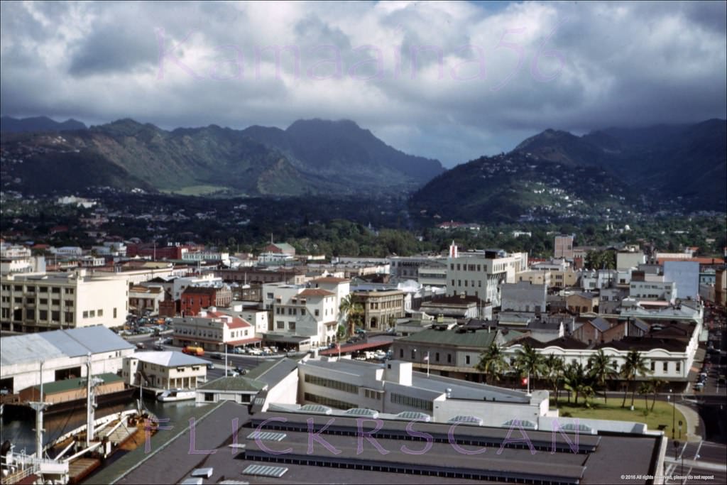 Looking inland more or less along Bethel Street from the 10th floor observation deck of the 1926 Aloha Tower in Honolulu Harbor, 1952