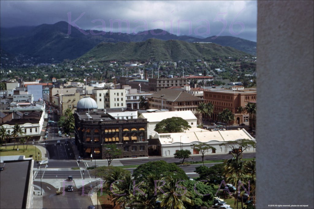 Looking inland along Fort Street from the 10th floor observation deck of the 1926 Aloha Tower in Honolulu Harbor, 1952