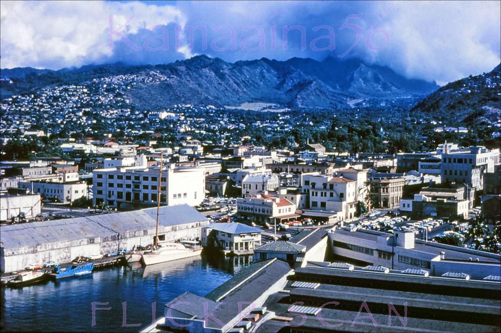 Honolulu Harbor and Nuuanu Valley viewed from the Aloha Tower, 1950s