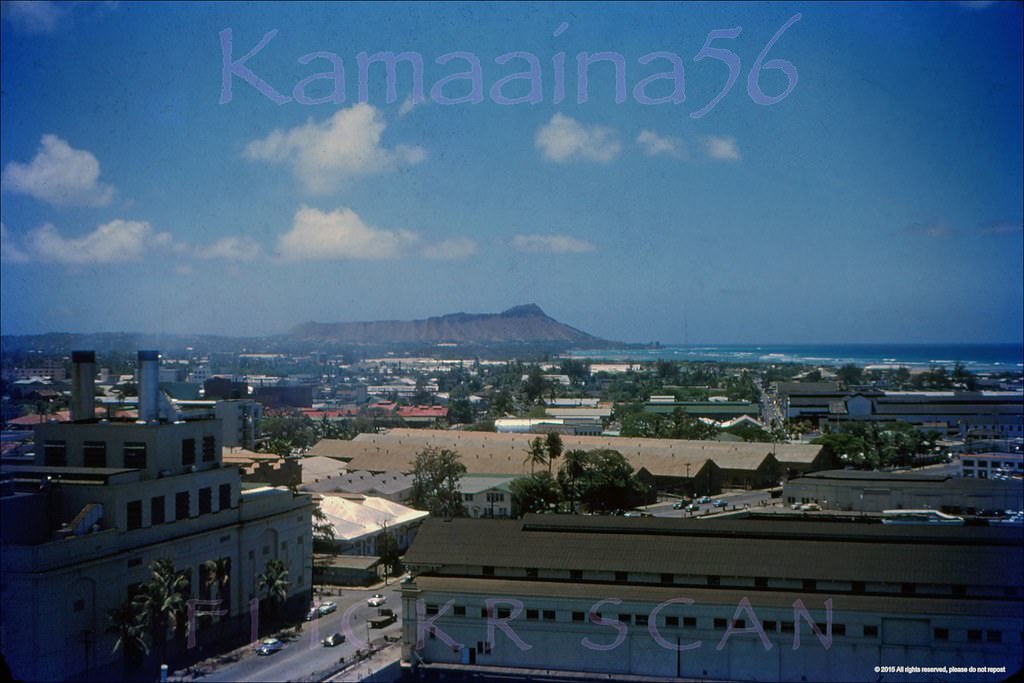 Birdseye view looking Diamond Head across Honolulu from the Aloha Tower, 1952