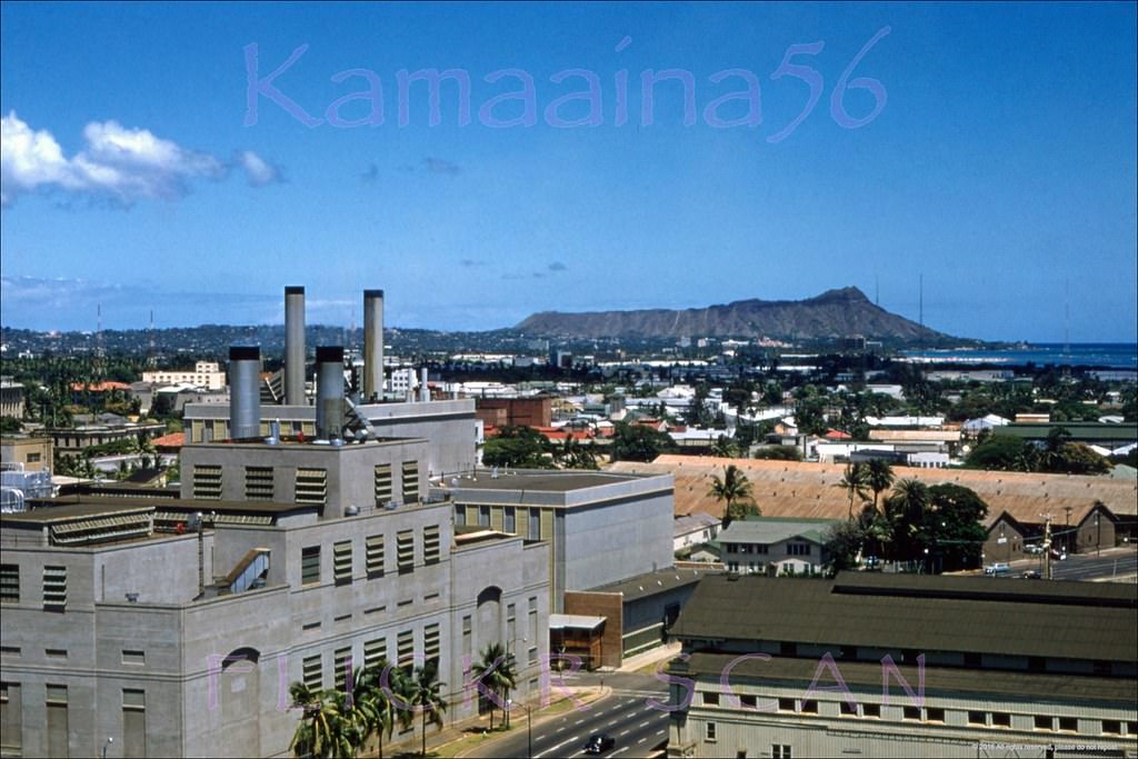 View from the Aloha Tower looking Diamond Head across Honolulu to Waikiki, 1957