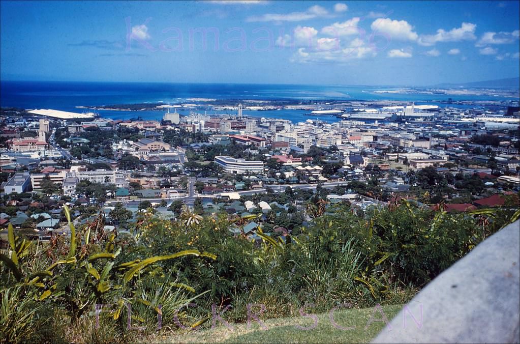 Makai view from Punchbowl Crater looking towards downtown Honolulu and the harbor, 1959