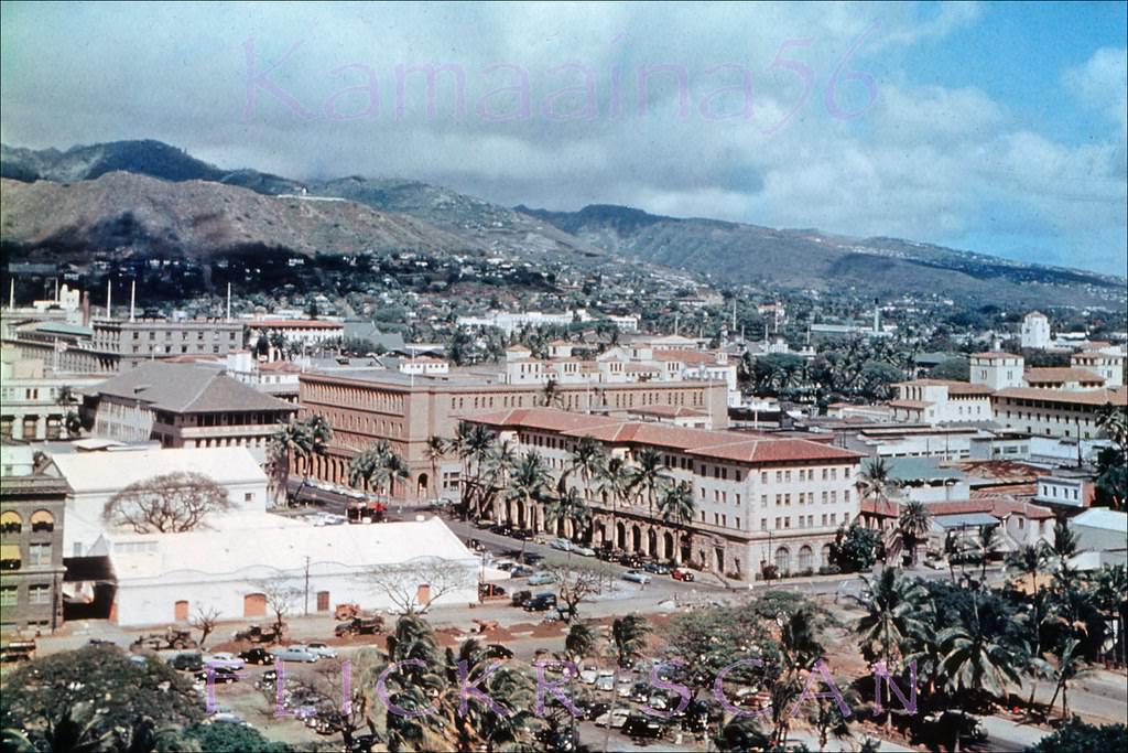 Mauka (inland) view from the top of the Aloha Tower towards downtown Honolulu's Bishop Street with Punchbowl Crater in the distance, 1952