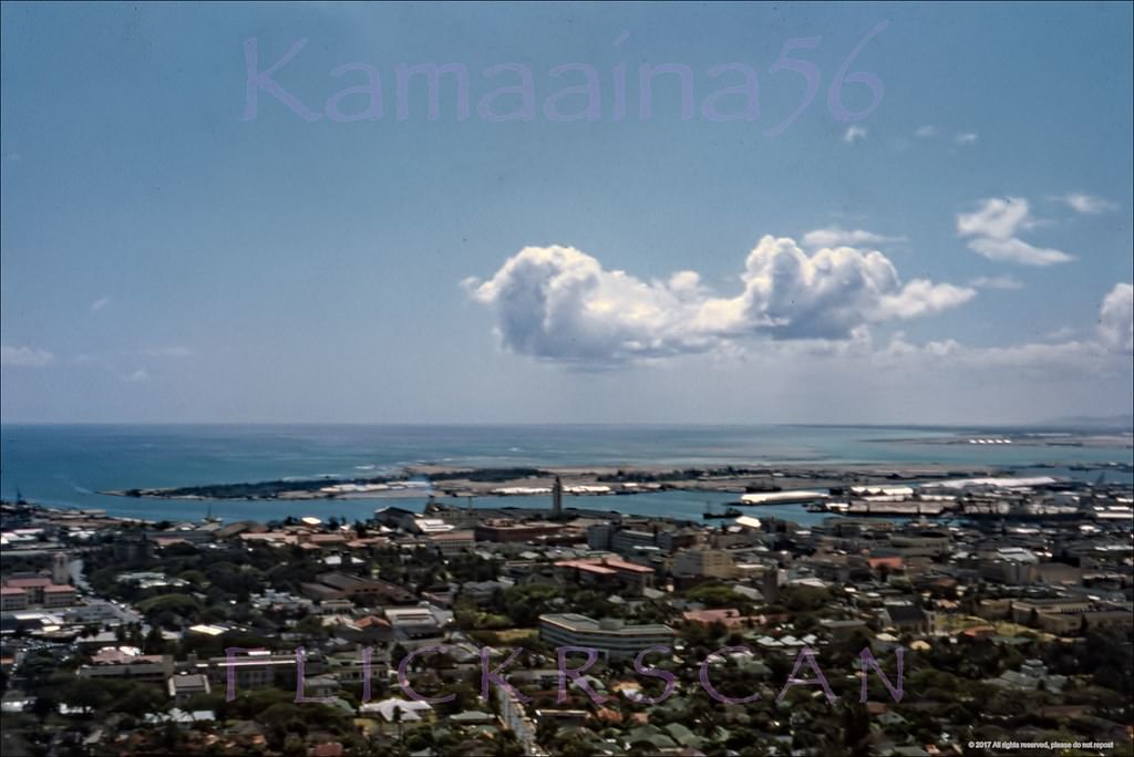 Looking makai from Punchbowl Crater towards Honolulu Harbor on a beautiful clear day, 1952