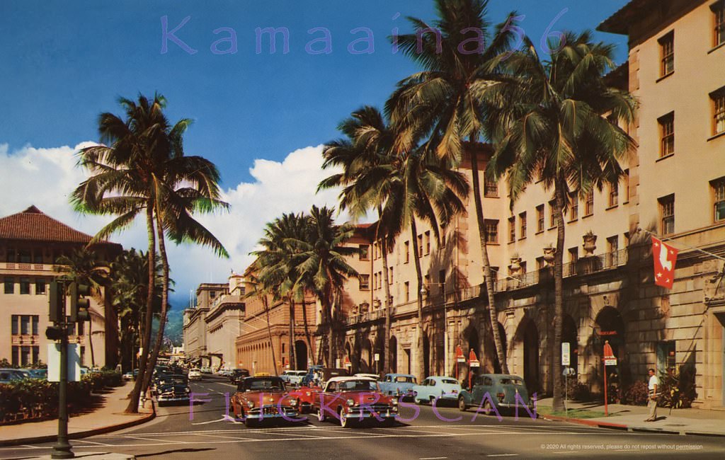 The financial heart of Honolulu, looking mauka (inland) along Bishop Street from Nimitz Highway next to the harbor, 1950s