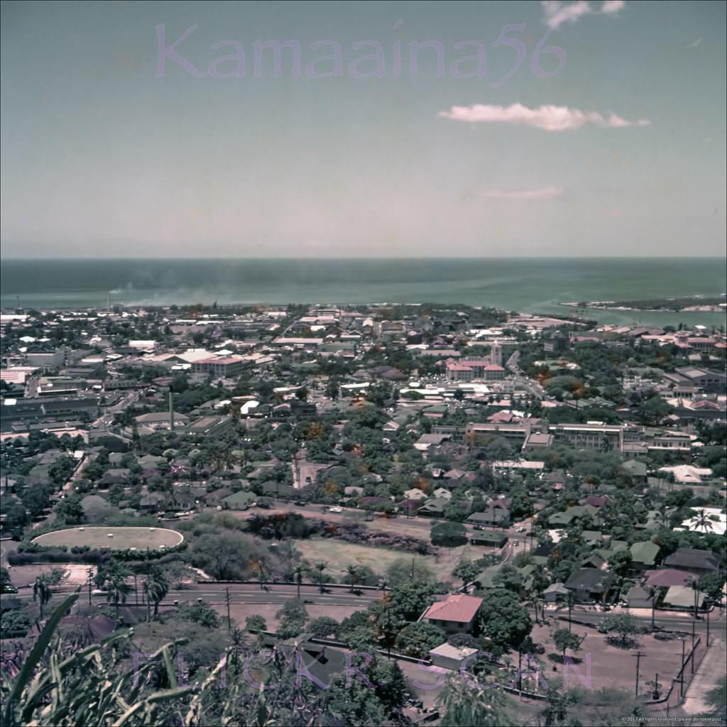 Sharp birdseye view of the Kakaako section of Honolulu from the Punchbowl Crater lookout in Makiki, 1950s