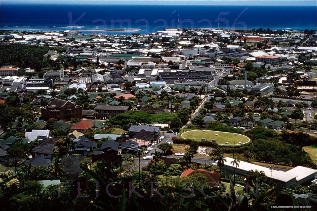 Looking makai (towards the ocean) from Punchbowl Crater in the Makiki district of Honolulu to the Kakaako shoreline, 1957