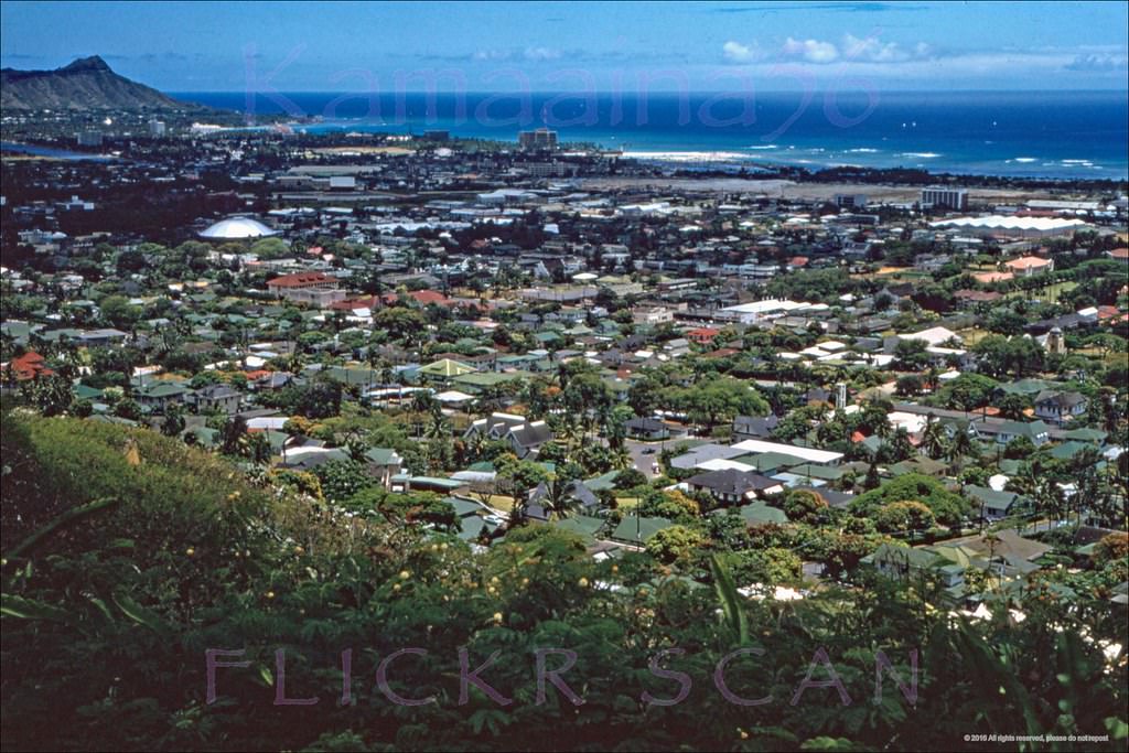 Looking Diamond Head from Punchbowl Crater in the Makiki section of Honolulu to Ala Moana and Waikiki, 1957