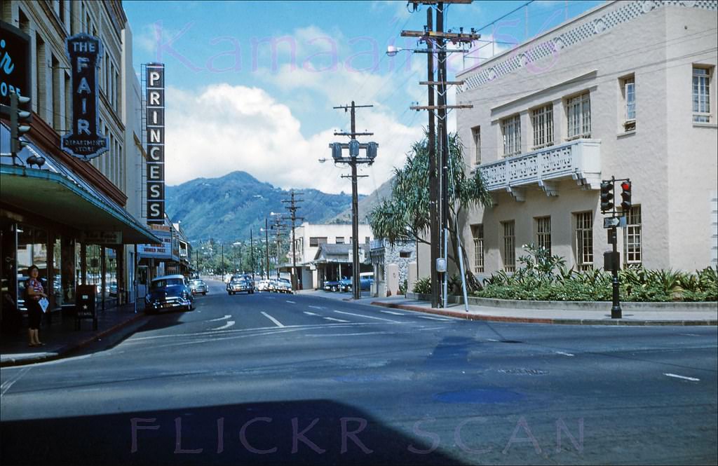 Looking mauka (inland) along Fort Street from Beretania Street towards the 1922 Princess Theater in downtown Honolulu, 1960