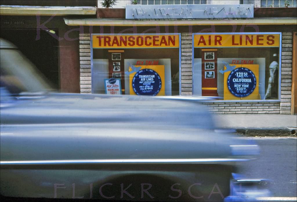 Transocean Air Lines sales office on Hotel Street just west of Alakea in downtown Honolulu, 1952