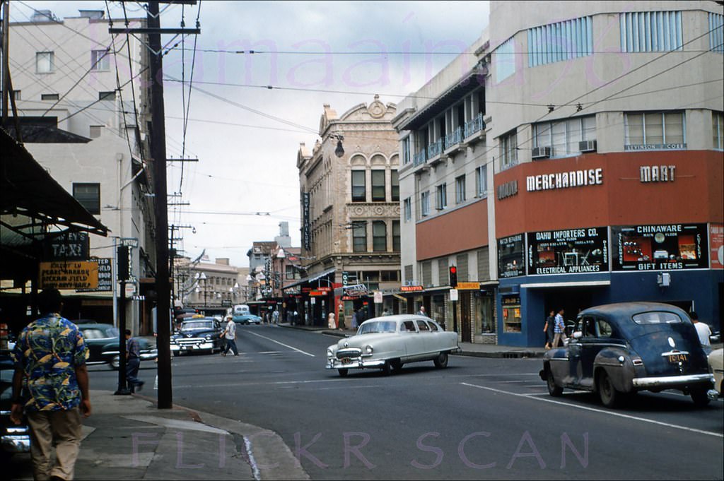 Looking more or less NW along South Hotel Street from the intersection with Alakea Street in downtown Honolulu, 1954