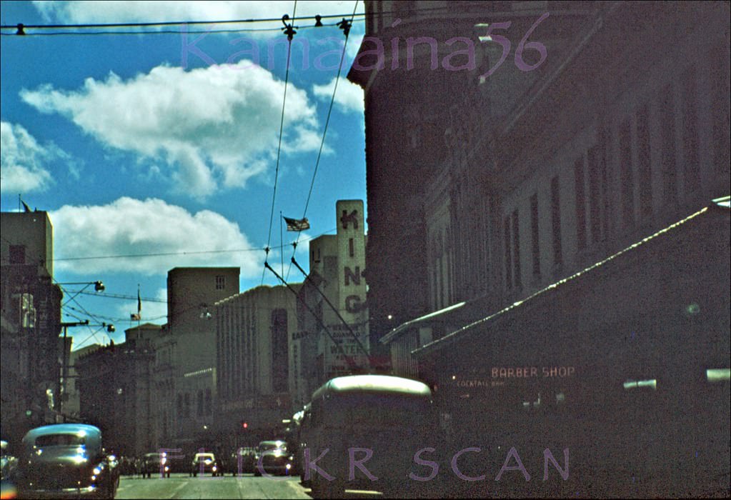 View looking southeast along North King Street in downtown Honolulu from around Bethel Street, 1956