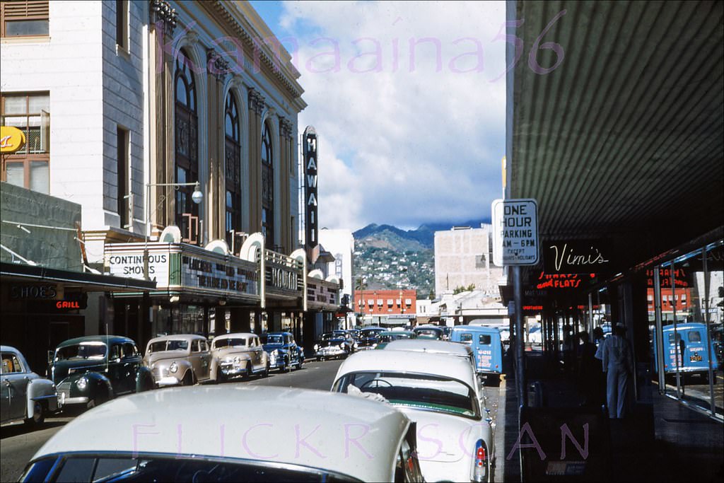 Looking mauka along Bethel Street in downtown Honolulu at the magnificent Hawaii Theater on the corner with Pauahi Street, 1953