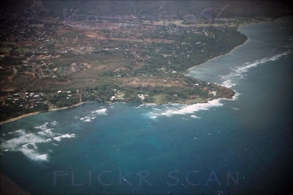 Airplane view of an undeveloped Black Point on the east side of Diamond Head, 1953