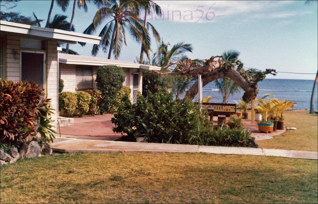 Makai view from Paterson Cottages on Kaalawai Beach next to Black Point, East Oahu, behind Diamond Head, 1971
