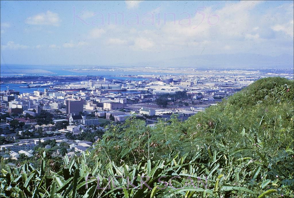 Downtown Honolulu and the harbor area viewed from Punchbowl Crater, 1967