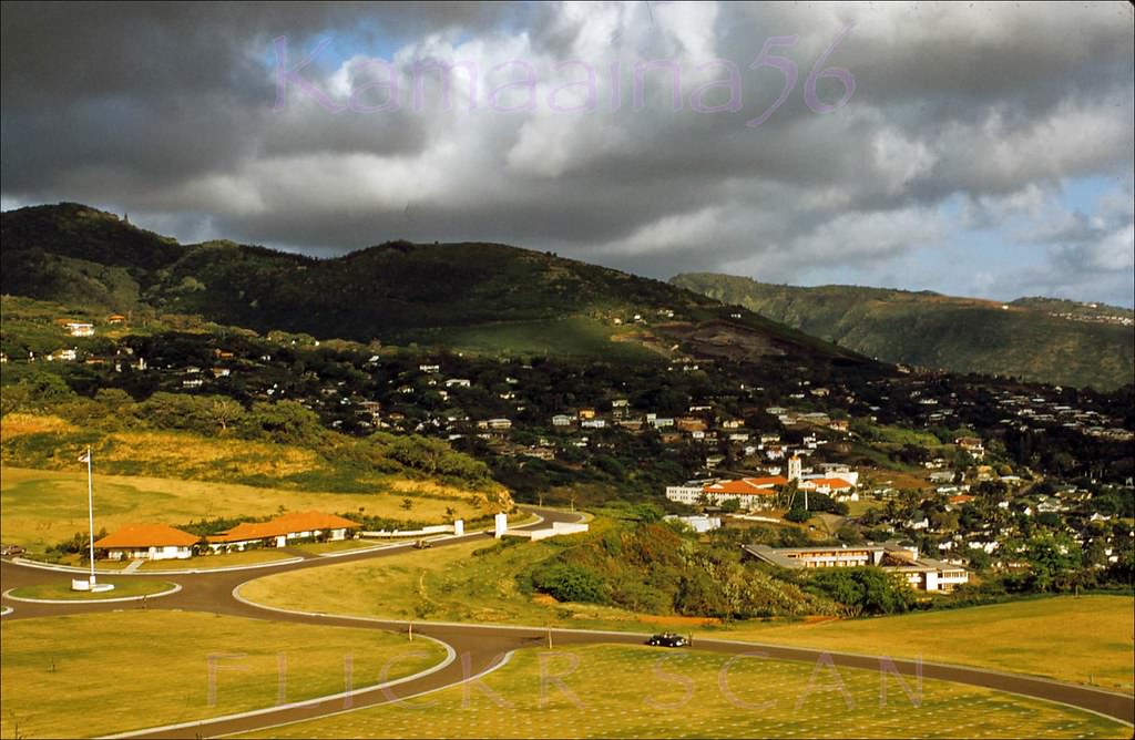 View from the National Memorial Cemetery of the Pacific in Punchbowl Crater looking towards the Koolau Range behind Honolulu, 1955