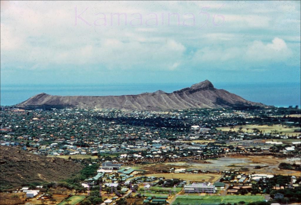 View from Round Top Drive overlooking the University of Hawaii in the foreground with Diamond Head in the distance, 1955