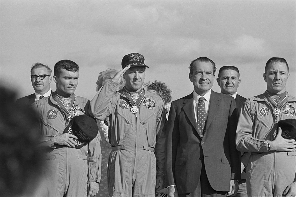 US President Richard Nixon meets the Apollo 13 astronauts in Honolulu, Hawaii, after their safe return to Earth, 23rd April 1970.