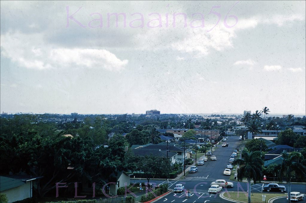 Looking towards Honolulu and Waikiki from Bishop Hall on the Punahou School campus looking down Alexander Street, 1950s.