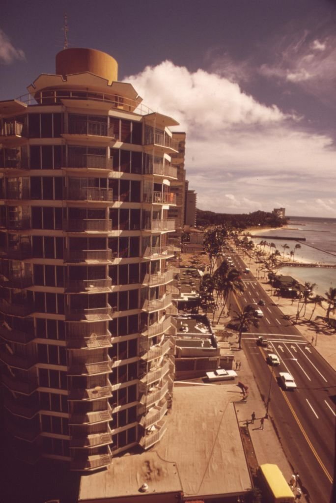 Hotel along the water in the popular Waikiki Beach area, Honolulu, Hawaii, October, 1973.