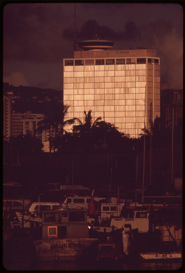 An Ala Moana office building glows in the afternoon sun.