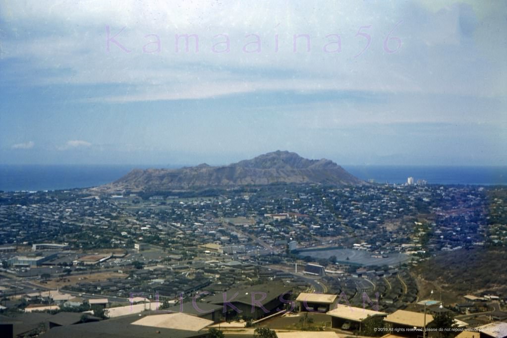 View is from Halekoa Drive on Waialaie Nui Ridge (then known as Waialae Uplands) looking Diamond Head, 1965