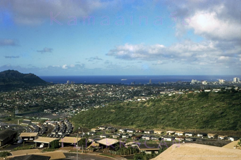 Birdseye view from Halekoa Drive on Waialaie Nui Ridge (then known as Waialae Uplands) looking Waikiki, 1965