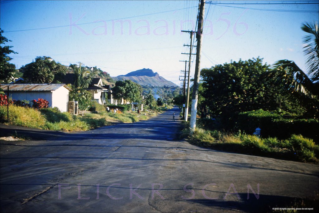 10th Avenue at Maluhia Street in Honolulu's Kaimuki neighborhood with a view of the back of Diamond Head in the distance, 1951