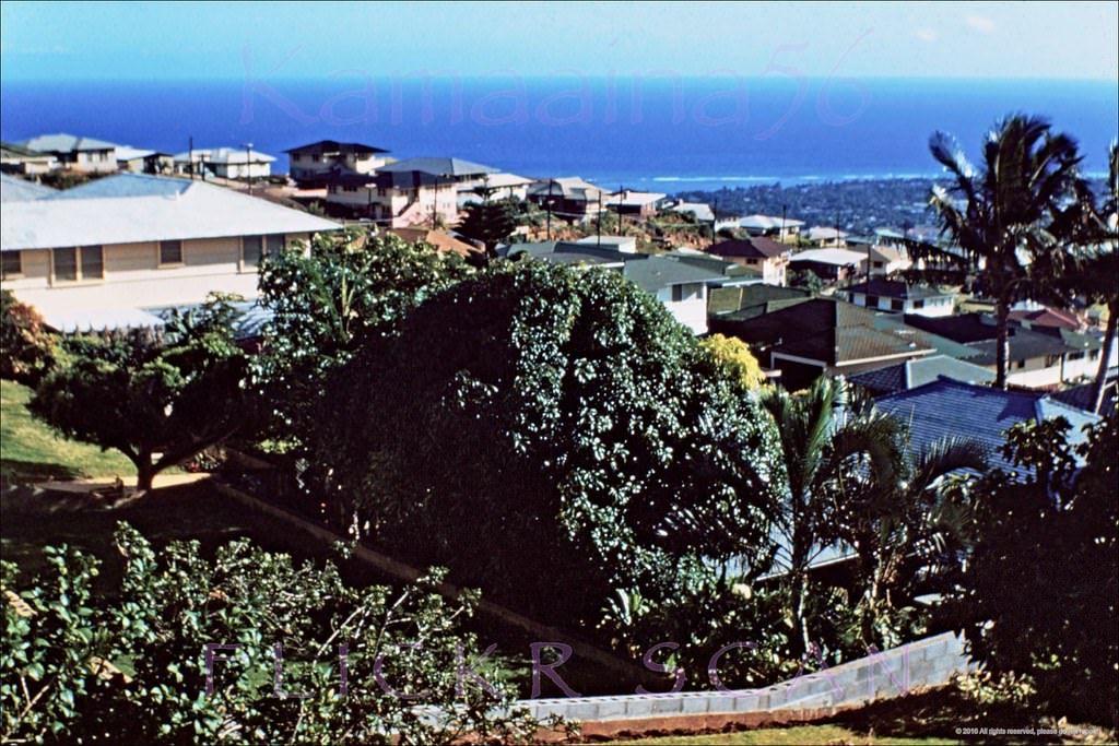 Appears to be the ocean view from Wilhelmina Rise behind Diamond Head, 1955