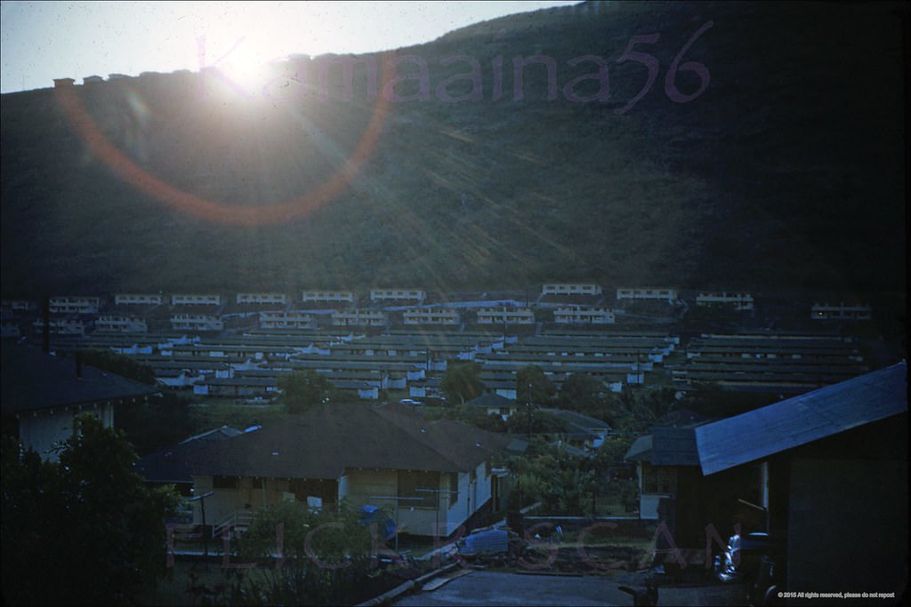 Unusual evening view of Honolulu's Palolo Valley looking west from 10th Avenue just makai of Kiwila Street on Wilhelmina Rise, 1951