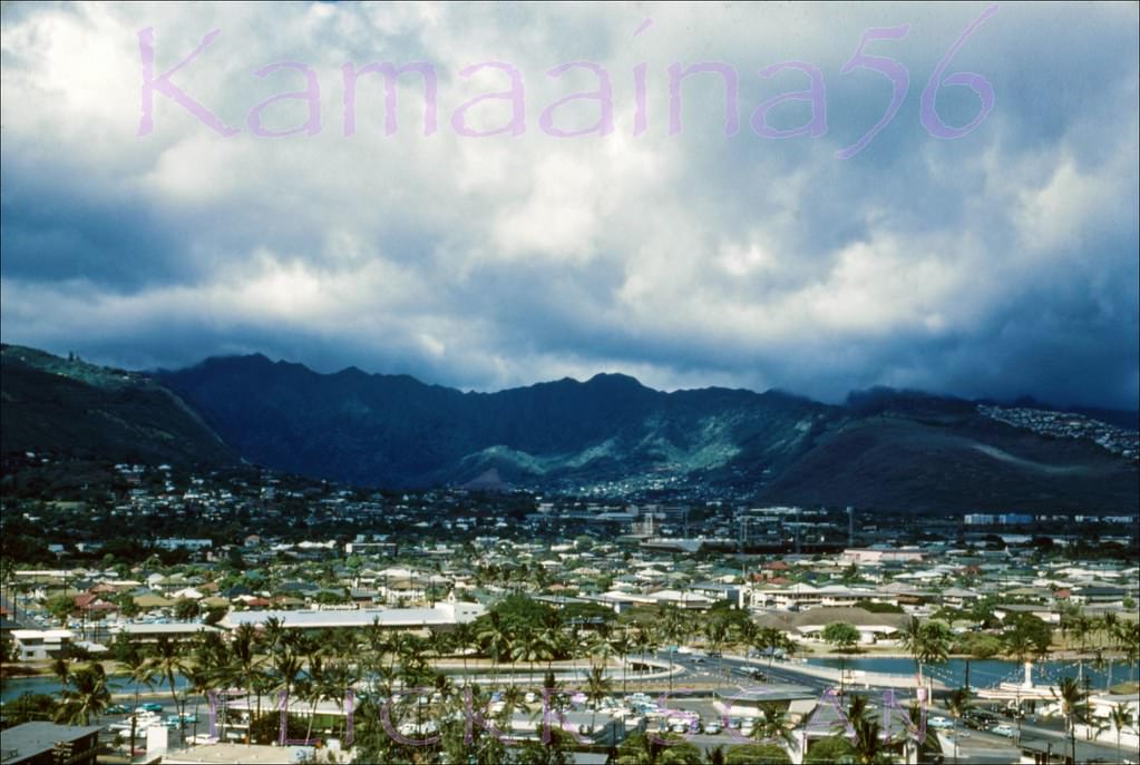 Birdseye view looking mauka towards Manoa Valley from the McCully Street bridge over the Ala Wai Canal that connects Waikiki with the rest of Honolulu, 1960