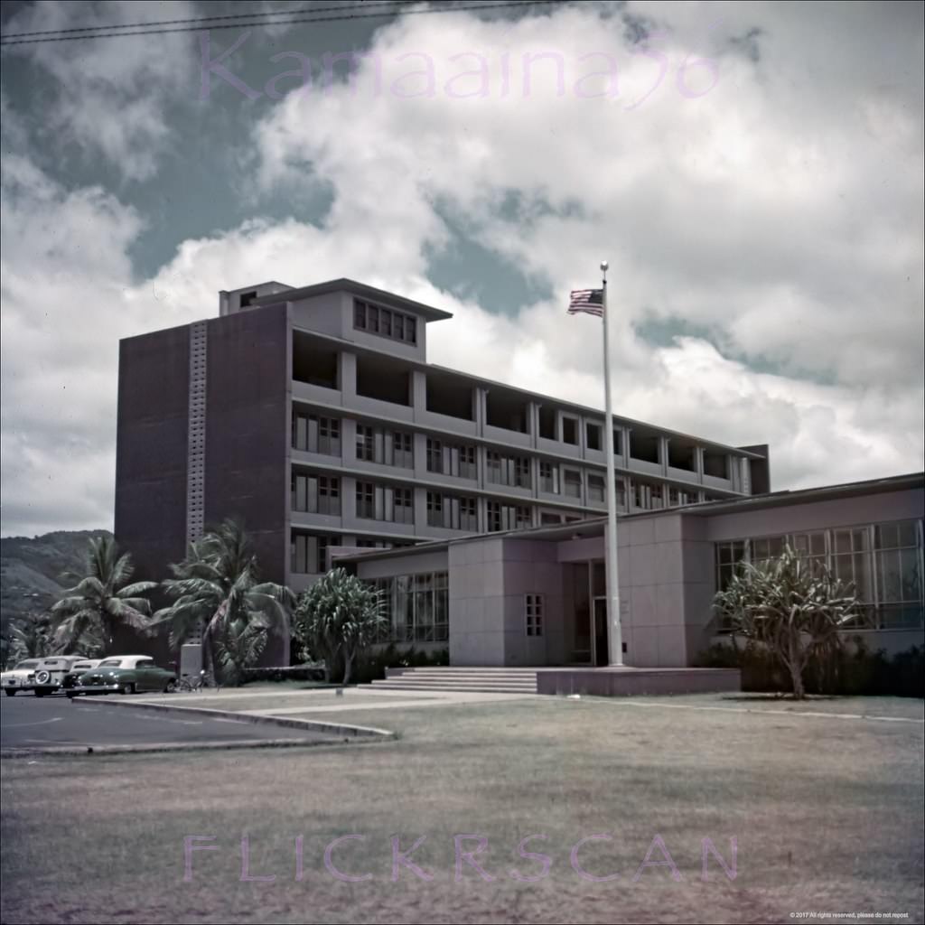 The 1951 Central Branch YMCA building in Honolulu viewed from its parking lot off Atkinson Drive, 1950s