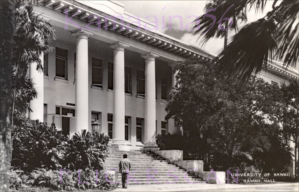 Beautifully sharp close-up of historic Hawaii Hall on the University of Hawaii’s Manoa Campus, 1950s