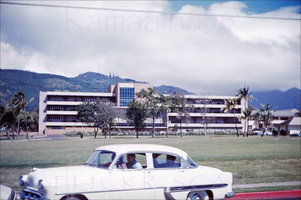 The University of Hawaii's 1956 Sinclair Library viewed from Dole Street near University Avenue, 1961