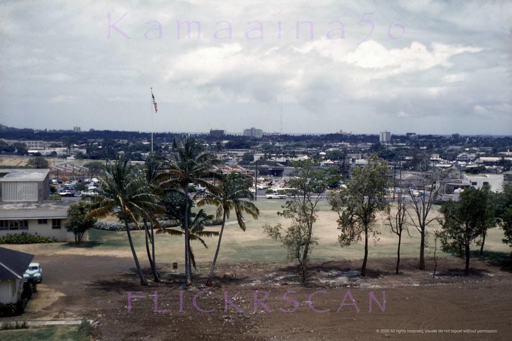 View of Honolulu with Waikiki in the distance from Sinclair Library on the Manoa Campus of the University of Hawaii, 1950s